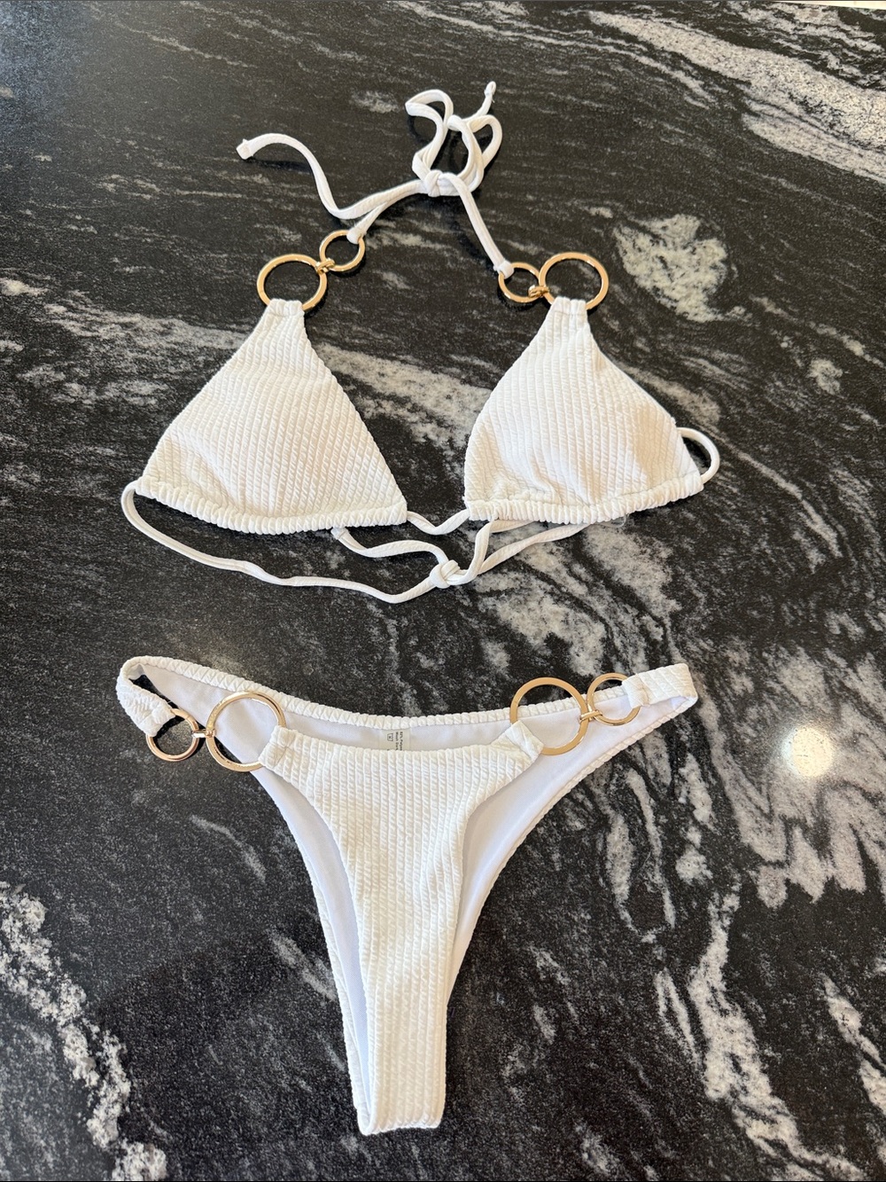 White Textured Triangle Bikini Set. Gold Embelishments, NWOT